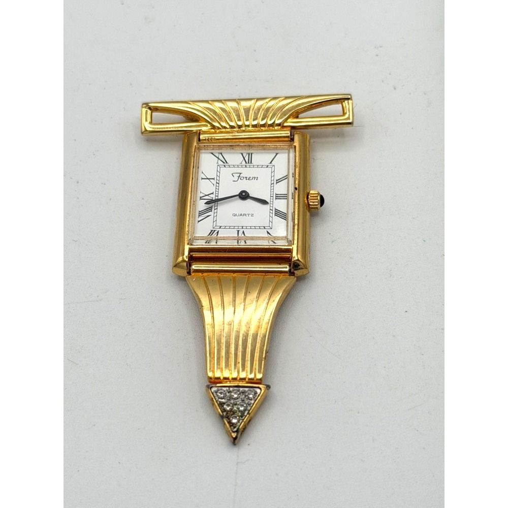 Forem Art Deco Style Pendant Watch Gold Tone Rhinestone Roman Numeral Dial Runs